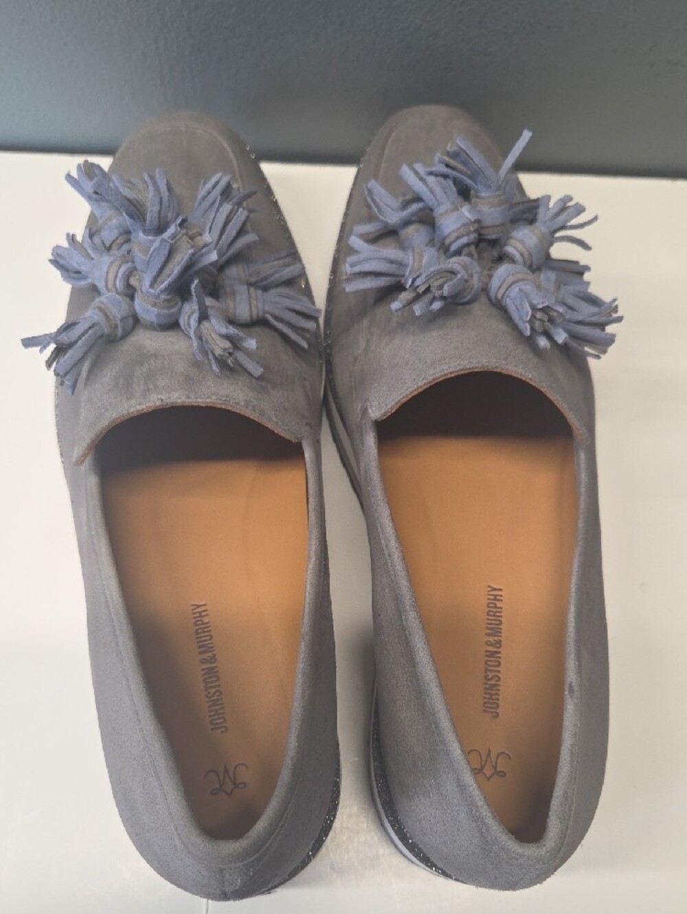 Johnston & Murphy Gray Suede Tassel Platform Loafers Size 8.5 - Picture 6 of 8